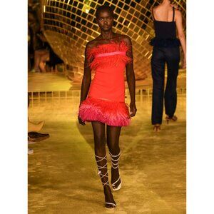 STAUD Etta Feather And Raffia-trimmed Crochet-knit Mini Dress In Blood Orange, s